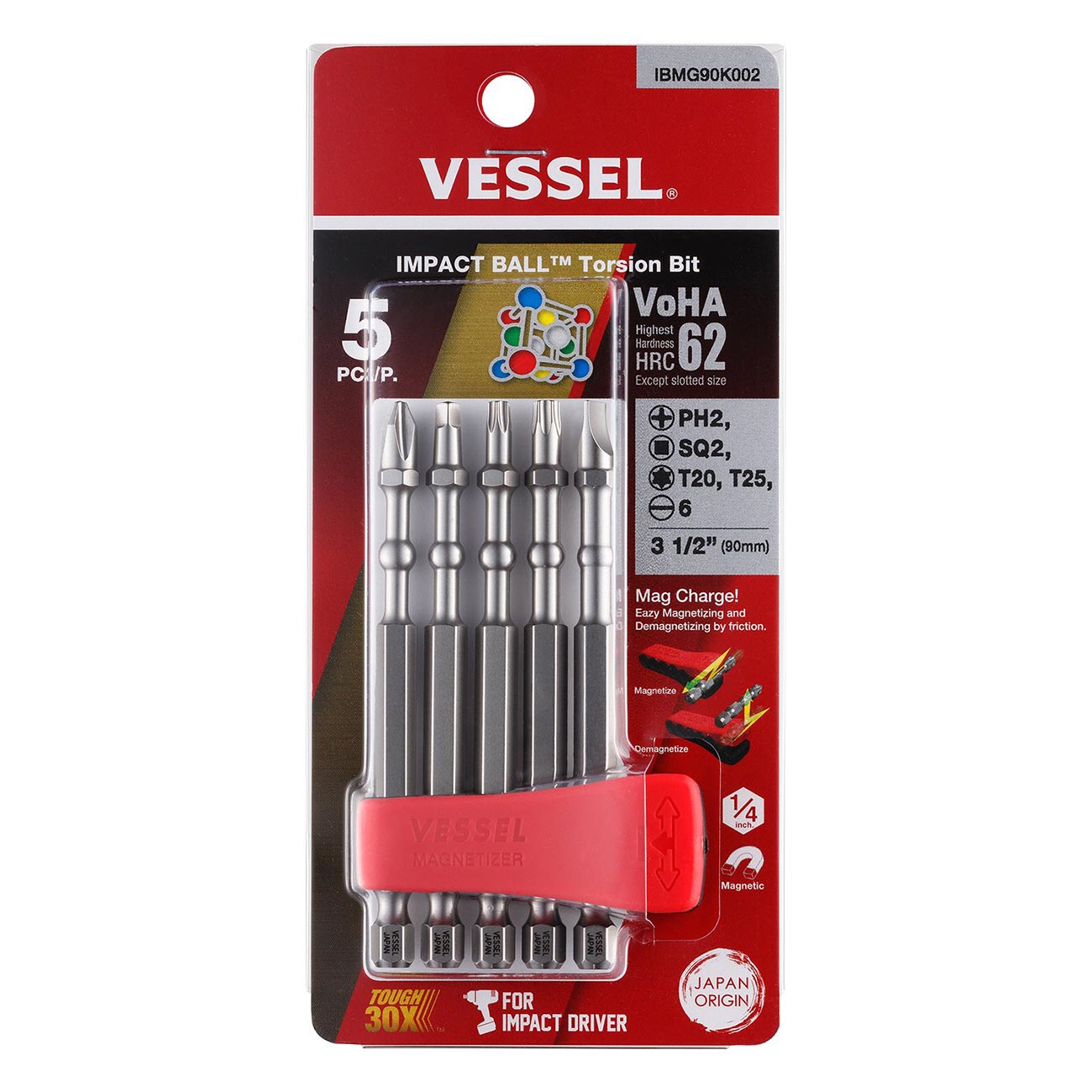 VESSEL IMAPCT BALL Torsion Bit with Mag Charge Holder 5PC. Set (+2, SQ2, T20, T25, #6(1/4")) IBMG90K002 Made in Japan by VESSEL