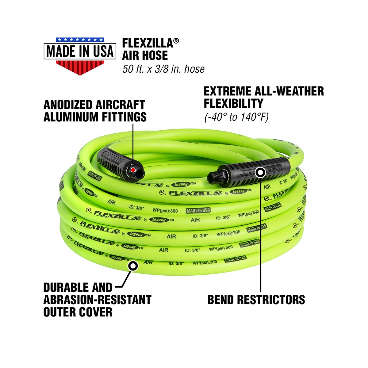 Flexzilla Air Hose, 3/8 in. x 50 ft., 3/8 in. MNPT Fittings, Heavy Duty, Lightweight, Hybrid, ZillaGreen - HFZ3850YW3