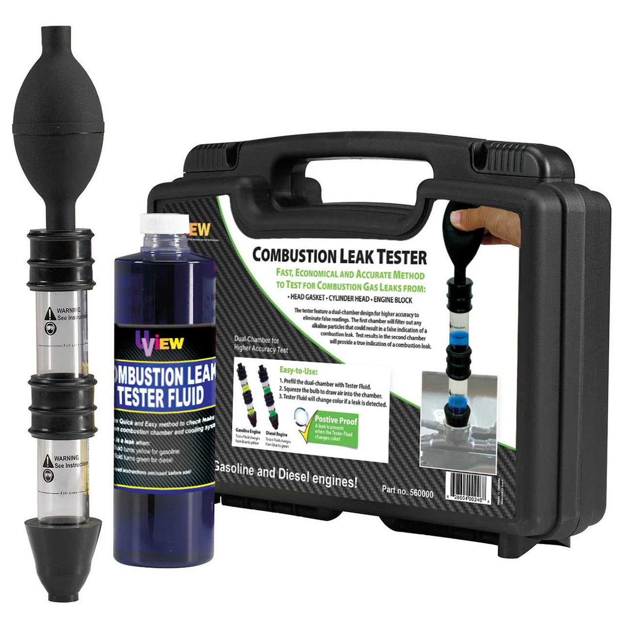 UView 560000 Automotive Combustion Leak Test Kit for Head Gaskets, Cylinder Heads and Engine Block Leaks, Gas/Diesel Engines, Dual-Chamber Tester Filters Alkaline Particles, 16oz Testing Fluid