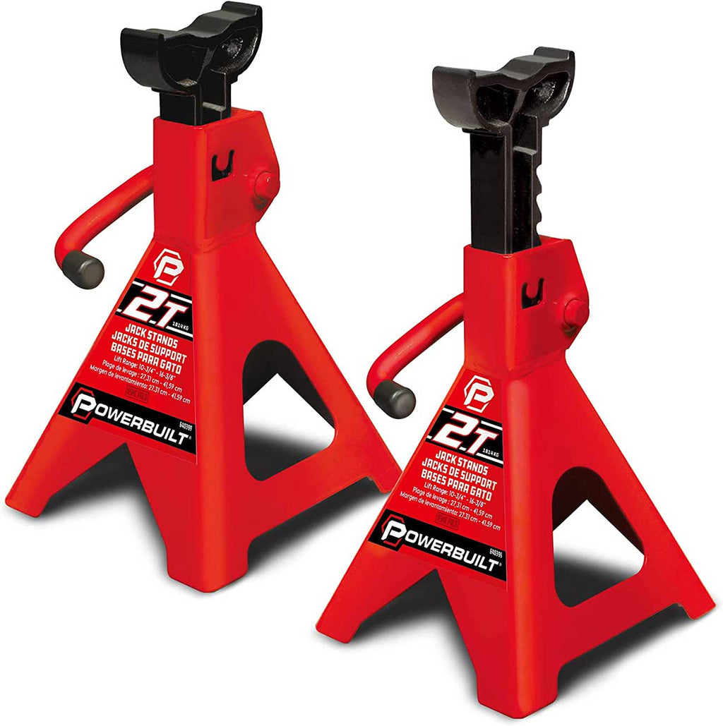 Powerbuilt 2 Ton Ratchet Jack Stand Pair, 4000 Pound 2-Piece Heavy Duty Steel Stands, Wide Angle Stability, Adjustable Height - Red 640399