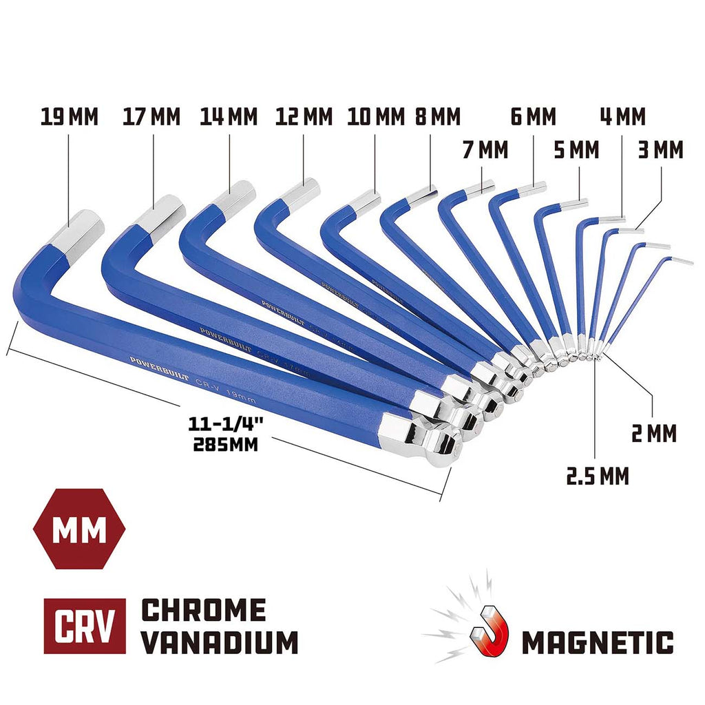 Powerbuilt 13 Piece Metric Jumbo Long Point Magnetic Hex Key Wrench, Allen Hex Key Wrench, 2mm -19mm - 941642