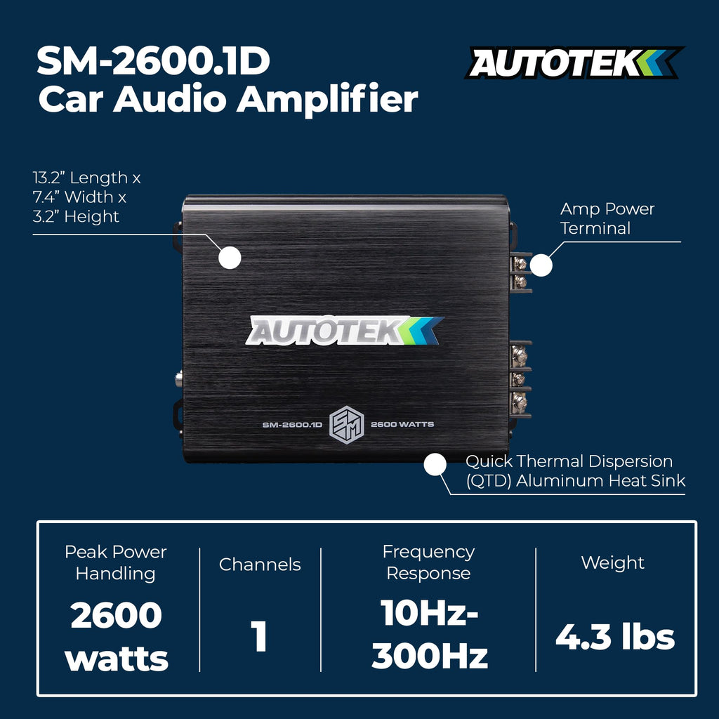 Autotek Street Machine 2600W Monoblock Car Audio Amplifier with Bass Knob & Equalizer to Optimize Frequencies for Subwoofers and Full-Range Speakers