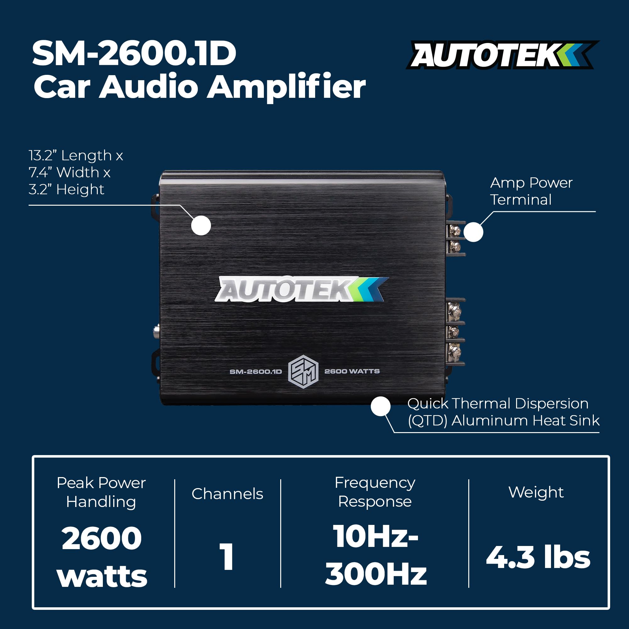 Autotek Street Machine 2600W Monoblock Car Audio Amplifier with Bass Knob & Equalizer to Optimize Frequencies for Subwoofers and Full-Range Speakers