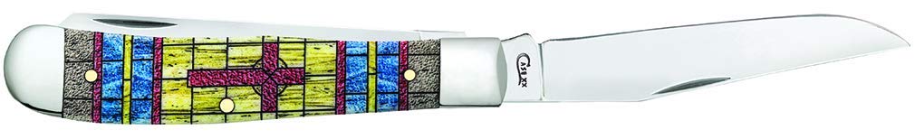Case WR XX Pocket Knife Trapper Stained Glass Cross Natural Bone Color Wash Item #38713 - (6254 SS) - Length Closed: 4 1/8 Inches
