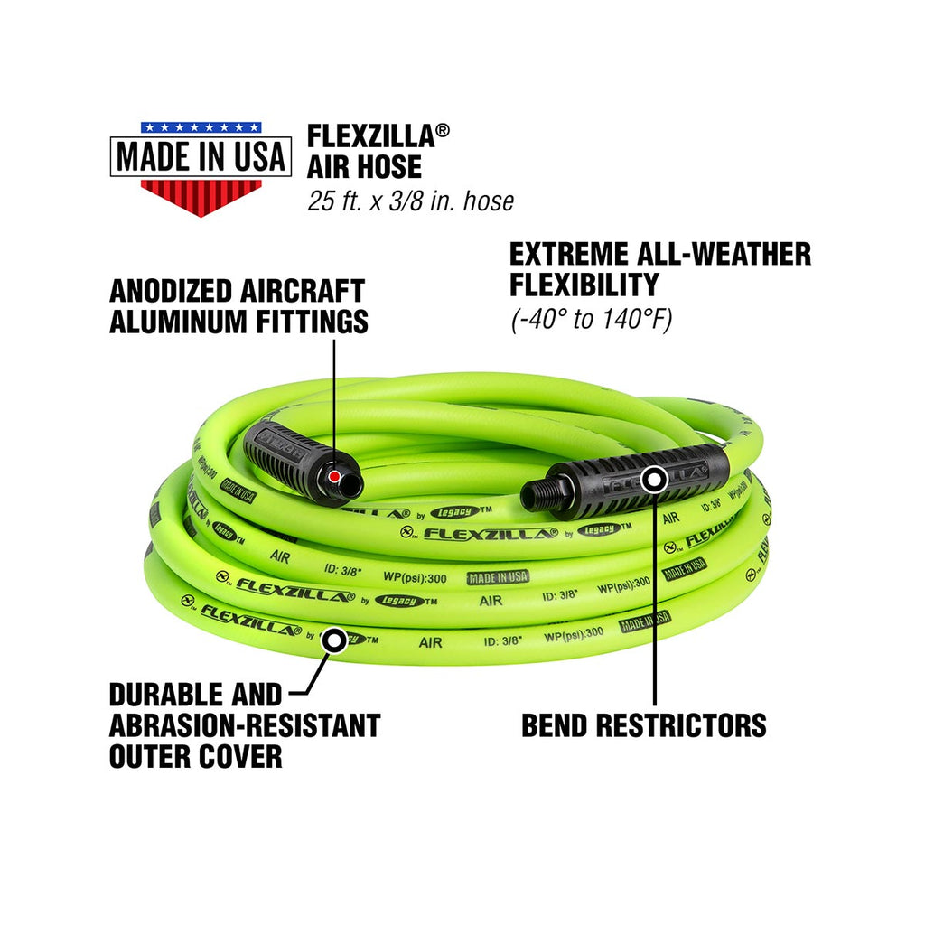 Flexzilla Air Hose, 3/8 in. x 25 ft., 1/4 in. MNPT Fittings, Heavy Duty, Lightweight, Hybrid, ZillaGreen - HFZ3825YW2