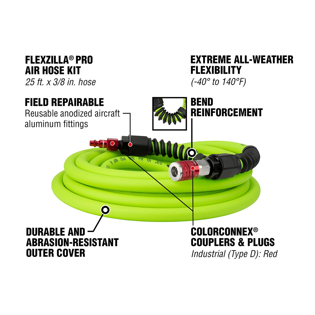 Flexzilla Pro Air Hose with ColorConnex Industrial Type D Coupler and Plug, 3/8 in. x 25 ft. - HFZP3825YW2-D