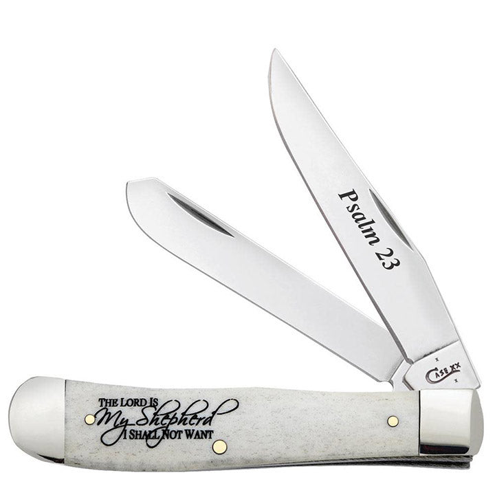 Case Knives 08795 Trapper Folding Knife – Religious Sayings Smooth Natural Bone Handle, Tru-Sharp Stainless Steel, 2-Blade Pocket Knife