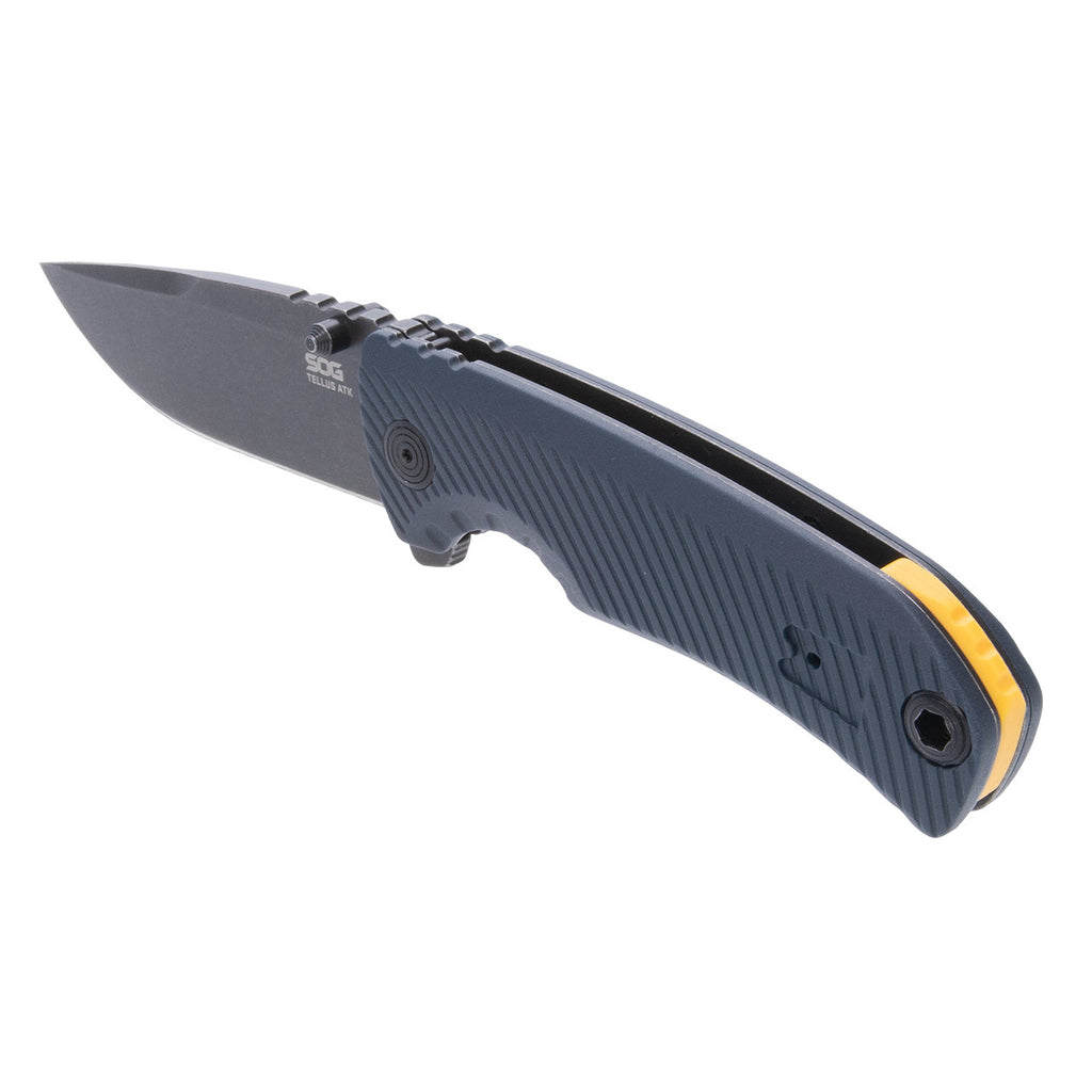 SOG Tellus ATK Outdoor Assisted Opening Frame Lock Folding Knife| Ambidextrous GRN Handle | CRYO 440C Stainless Steel Blade | Adjustable Belt Clip, Squid Ink/Yellow