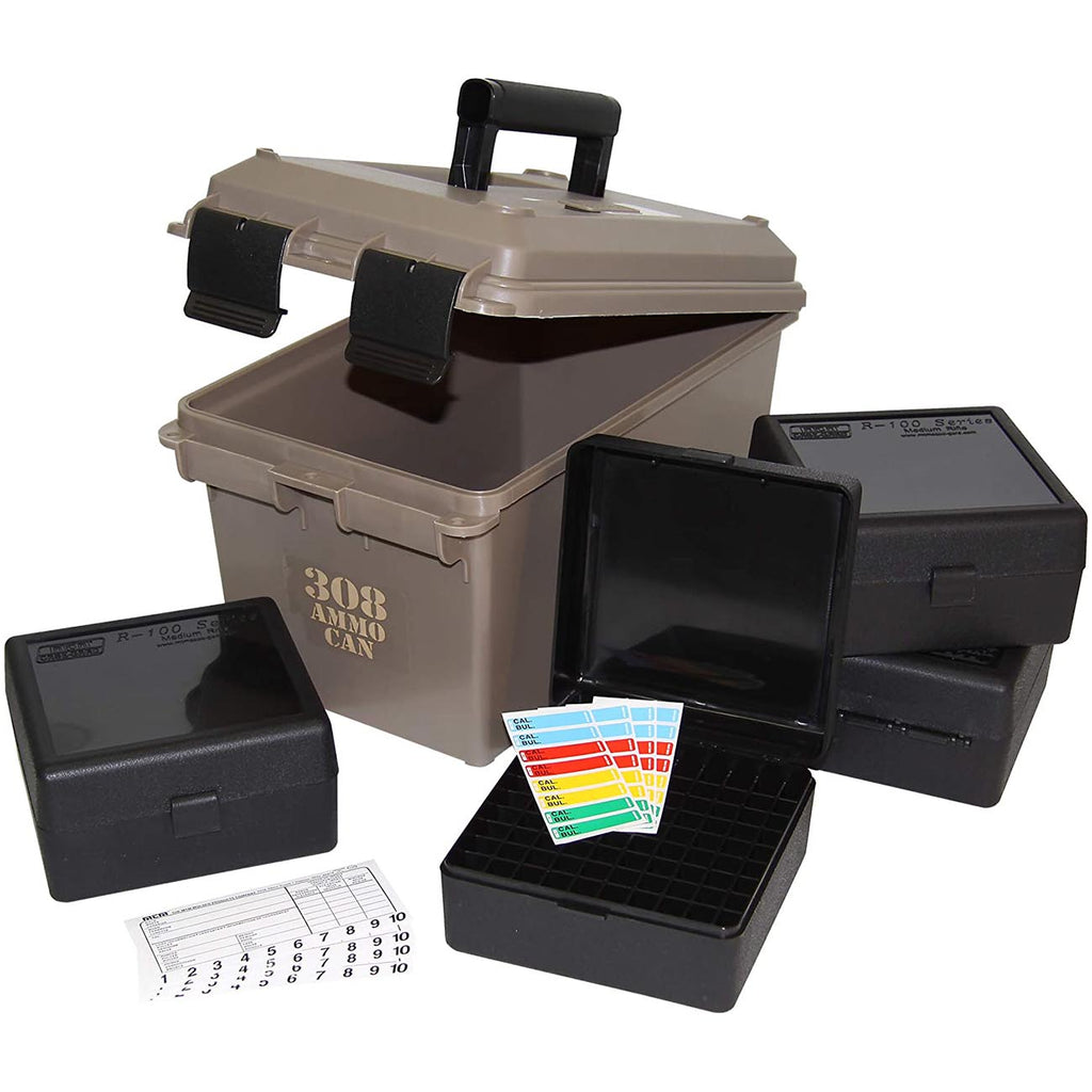 MTM ACC308 308-Caliber Ammo Can with 4 RM-100 Boxes, Holds 400 rounds, Rugged polypropylene plastic, Water-resistant seal, latching system, Double padlock tapped for security, Dark Earth