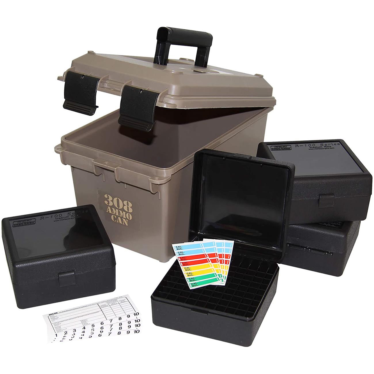 MTM ACC308 308-Caliber Ammo Can with 4 RM-100 Boxes, Holds 400 rounds, Rugged polypropylene plastic, Water-resistant seal, latching system, Double padlock tapped for security, Dark Earth