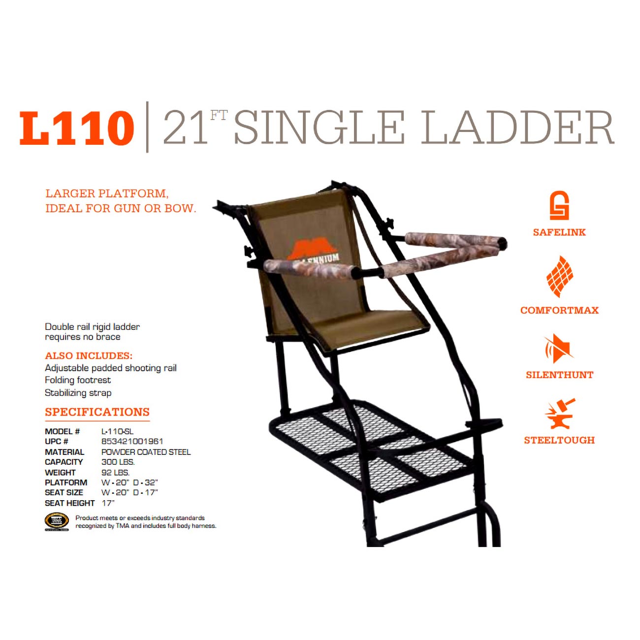 Millennium Treestands L110 Ladder, 21 ft., Black (L-110-SL)