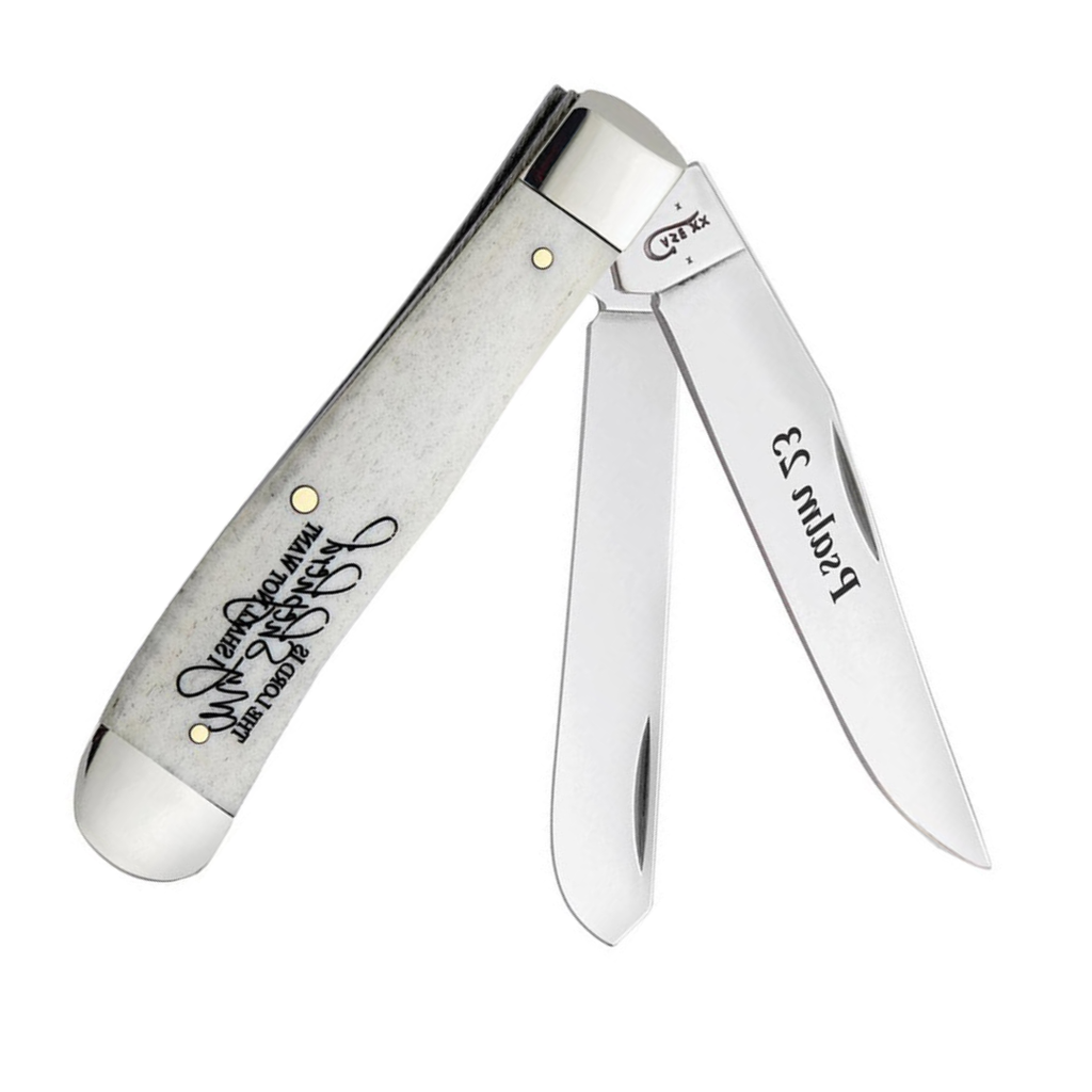 Case Knives 08795 Trapper Folding Knife – Religious Sayings Smooth Natural Bone Handle, Tru-Sharp Stainless Steel, 2-Blade Pocket Knife