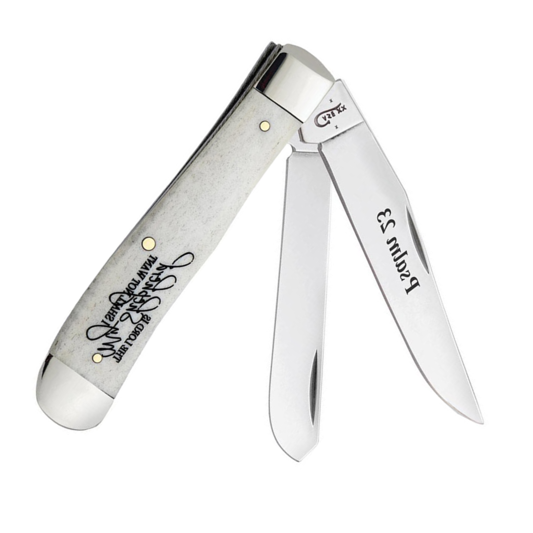 Case Knives 08795 Trapper Folding Knife – Religious Sayings Smooth Natural Bone Handle, Tru-Sharp Stainless Steel, 2-Blade Pocket Knife