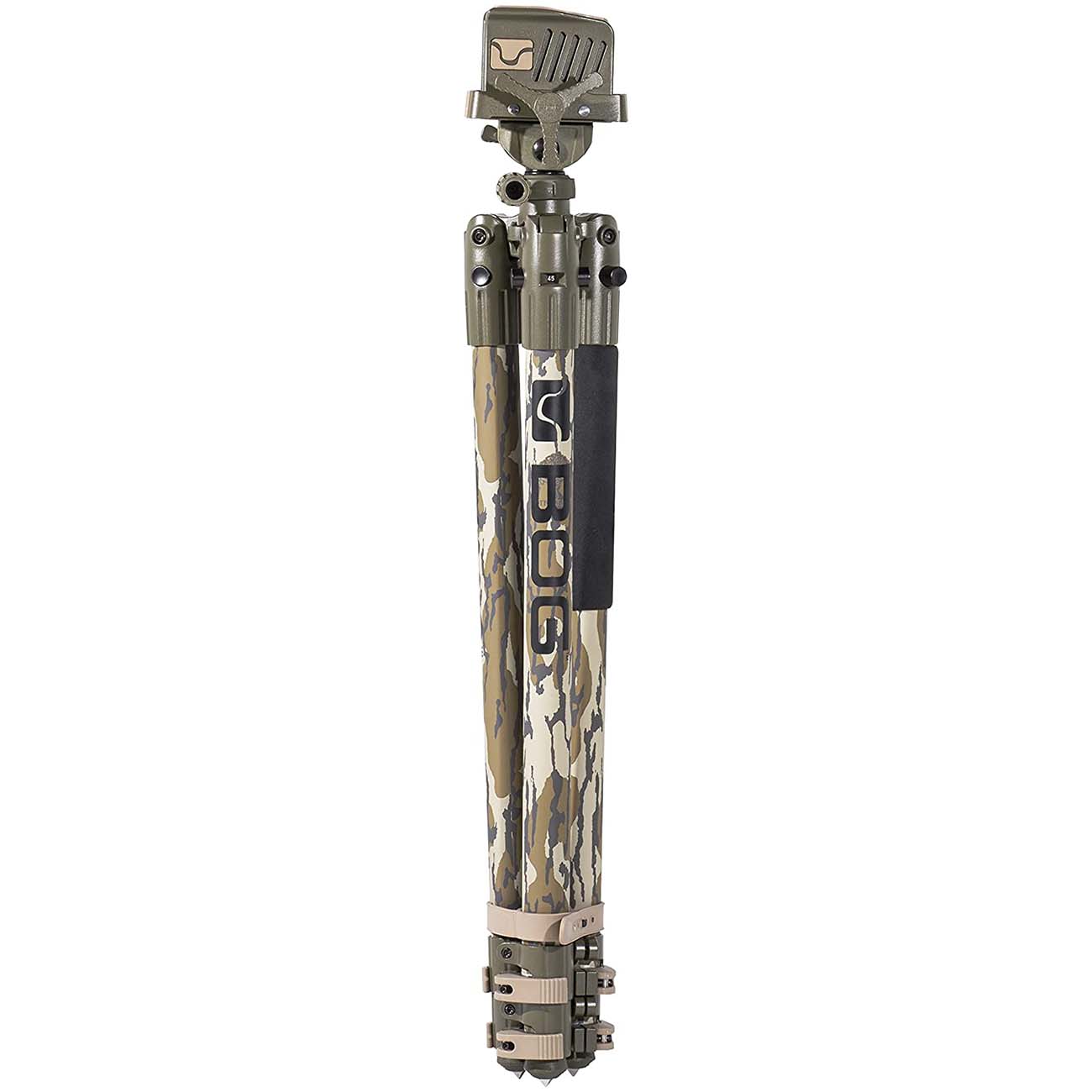 BOG DeathGrip Mossy Oak Bottomland Camo Tripod with Durable Aluminum Frame, Lightweight, Stable Design, Bubble Level, Adjustable Legs, and Hands-Free Operation for Hunting, Shooting, and Outdoors