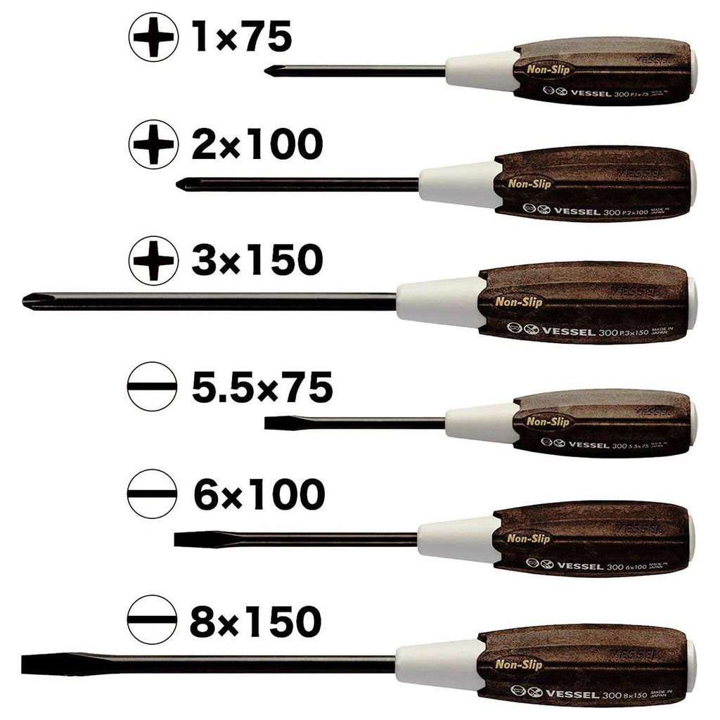 VESSEL Wood-Compo Non-Slip handle Screwdriver Made in Japan by VESSEL (6PCS SET 3006CS)