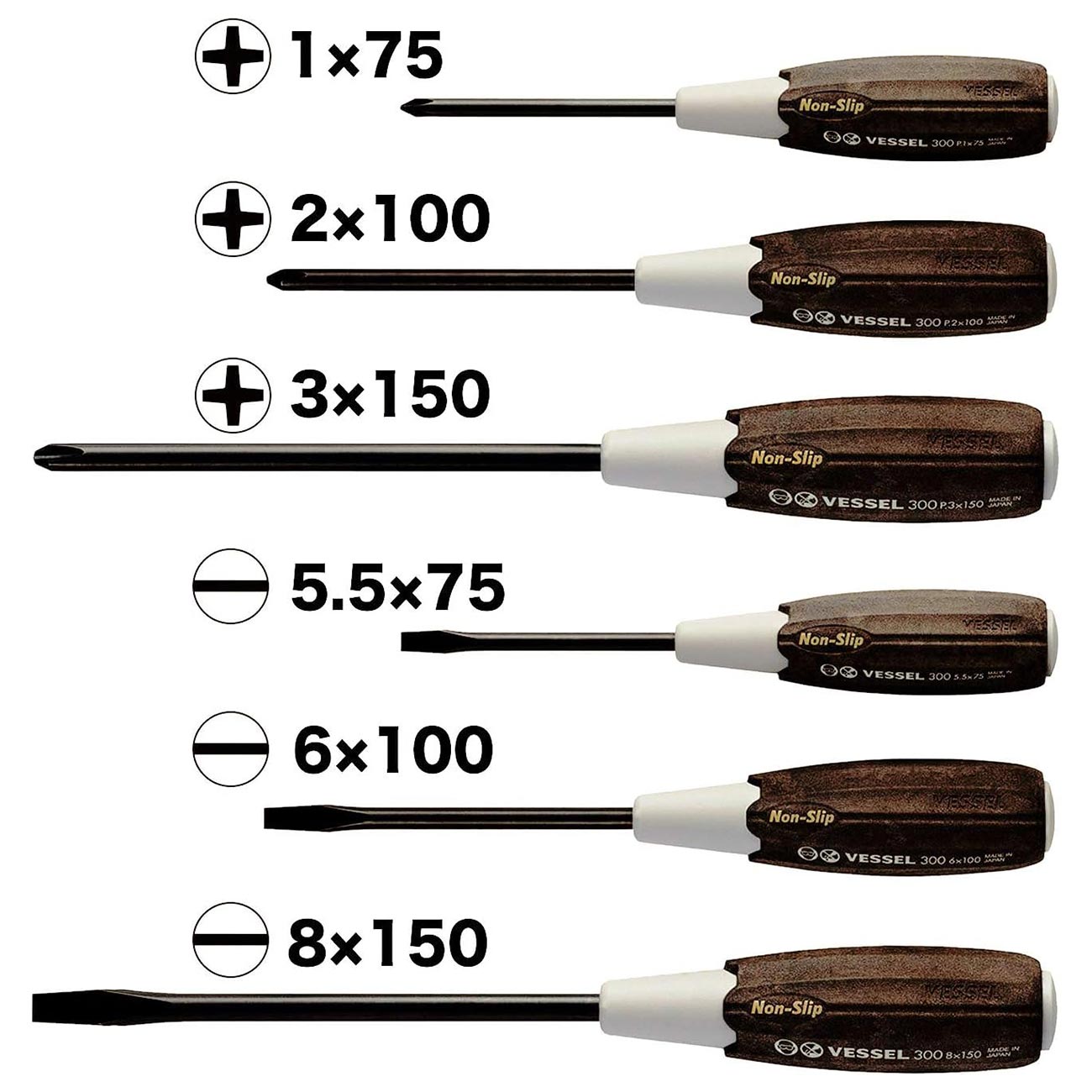 VESSEL Wood-Compo Non-Slip handle Screwdriver Made in Japan by VESSEL (6PCS SET 3006CS)