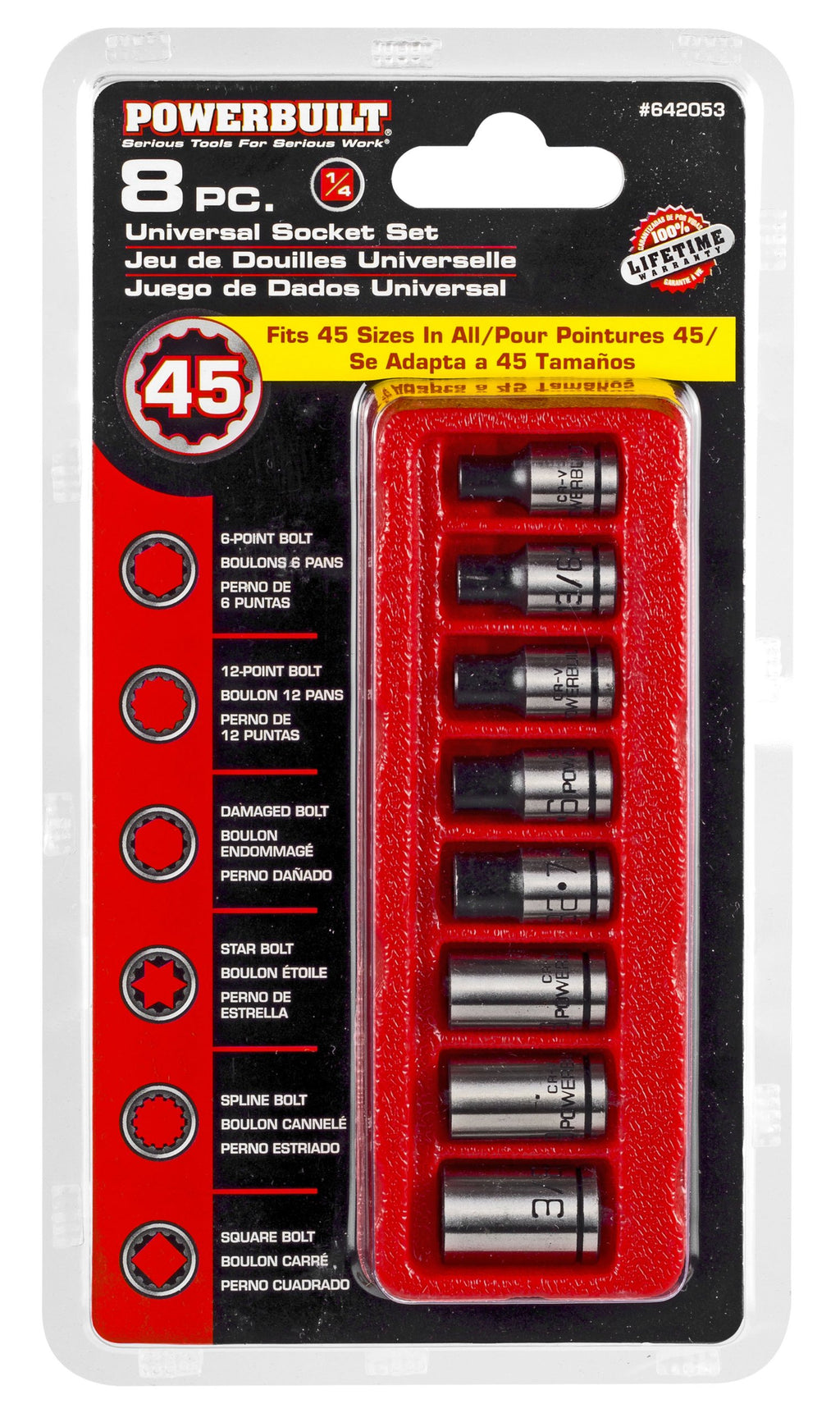 Powerbuilt 8-Piece 1/4-Inch Drive Universal Spline Socket Set with Dual Finish – Fits SAE, Metric, Hex, 6-Point, 12-Point, E-Torx, Spline, and Square Fasteners - 642053