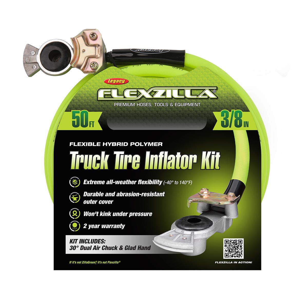 Flexzilla Truck Tire Inflator Kit with 3/8 in. x 50 ft. Hose, Heavy Duty, Lightweight, Hybrid, ZillaGreen - HGH2-FZ