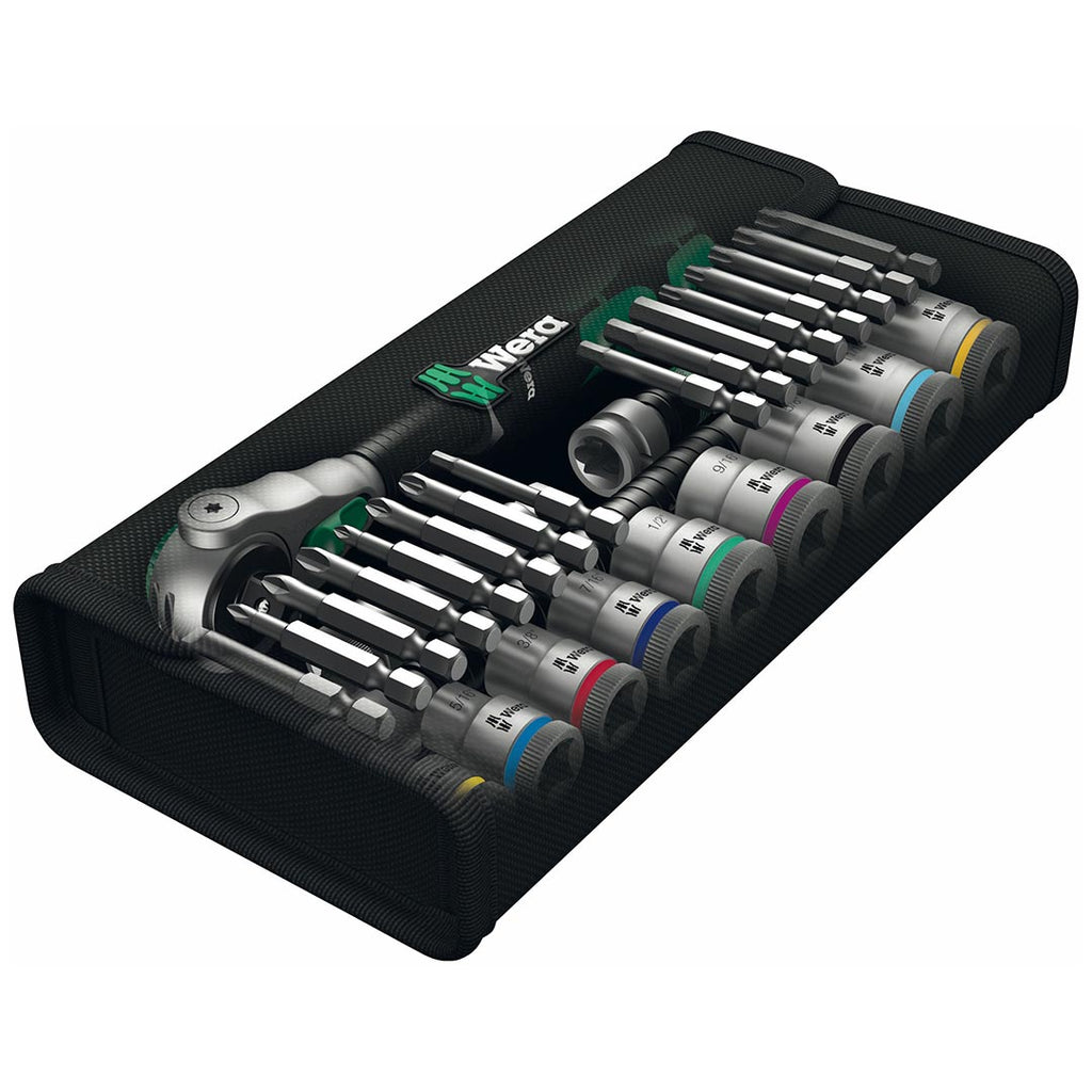 Wera 05004049001 29-Piece 3/8″ Drive Zyklop Speed Ratchet SAE Socket & Long Bit Set – 9 SAE Sockets, Bits, Extensions & Textile Case
