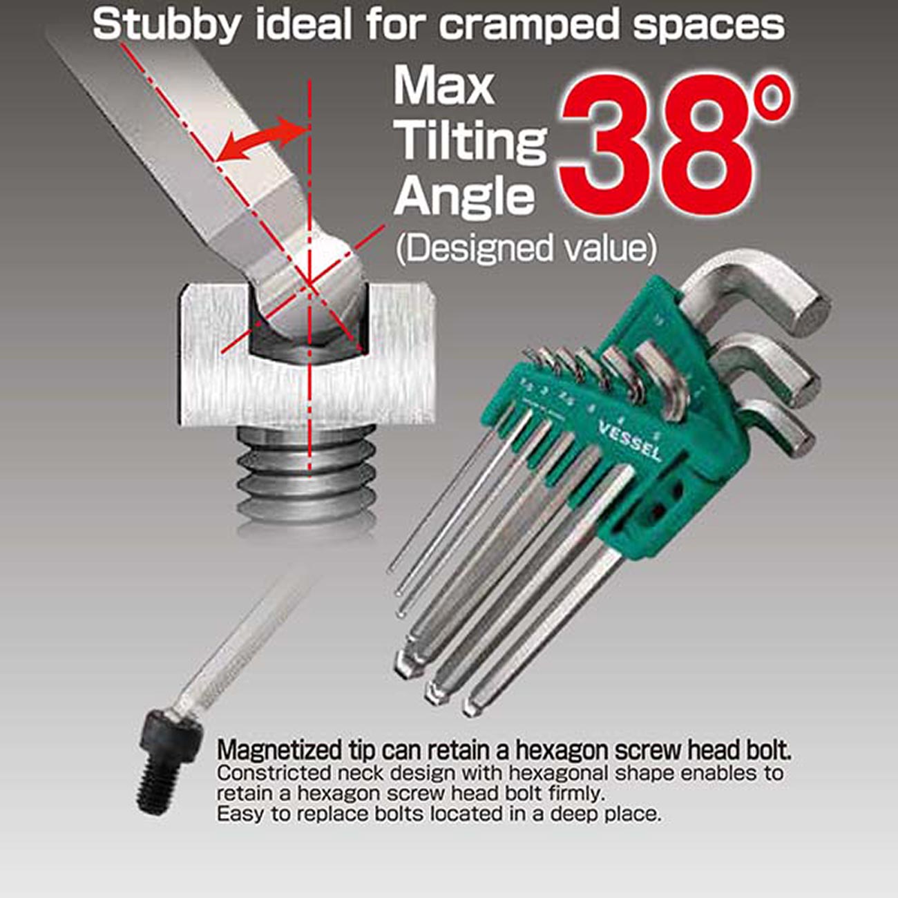 VESSEL Ball Point Hex L-Key Wrench Stubby (Short Type) 9PC. Set No.8209BP-SU 8209BPSU