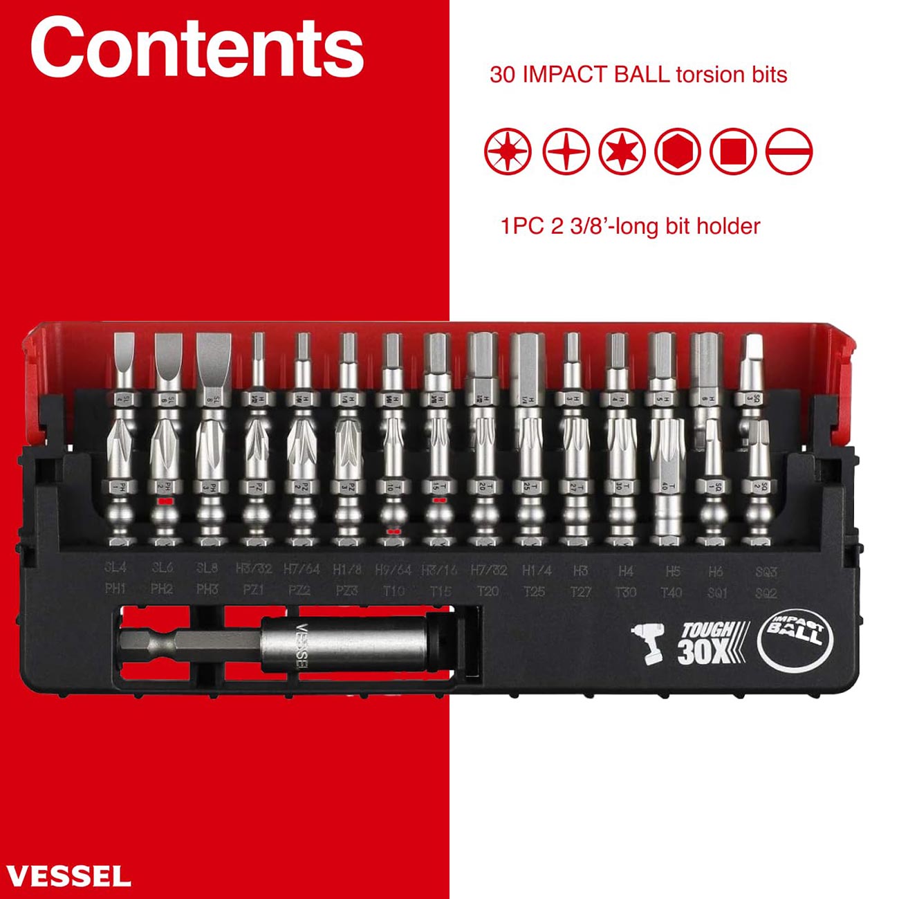VESSEL IMPACT BALL™ Torsion Bit 30+1 PC. Set in SLIDE CASE No.IB31P02U Made in Japan by VESSEL