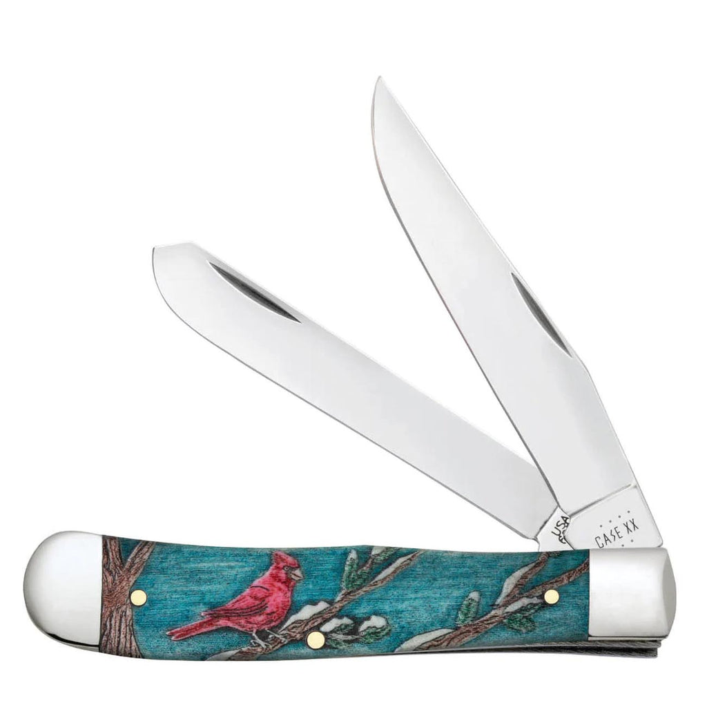 Case XX WR POCKET KNIFE TRAPPER - CARDINAL EMBELLISHED NATURAL BONE W/COLOR WASH, ITEM 39159, LENGTH CLOSED 4 1/8 INCH (6254 SS)