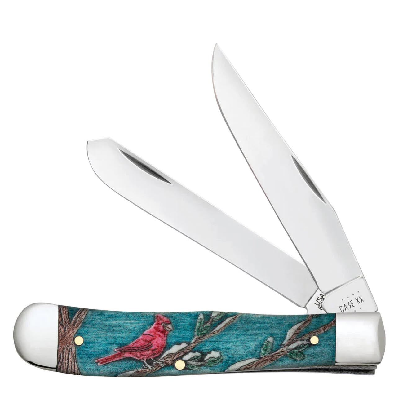 Case XX WR POCKET KNIFE TRAPPER - CARDINAL EMBELLISHED NATURAL BONE W/COLOR WASH, ITEM 39159, LENGTH CLOSED 4 1/8 INCH (6254 SS)