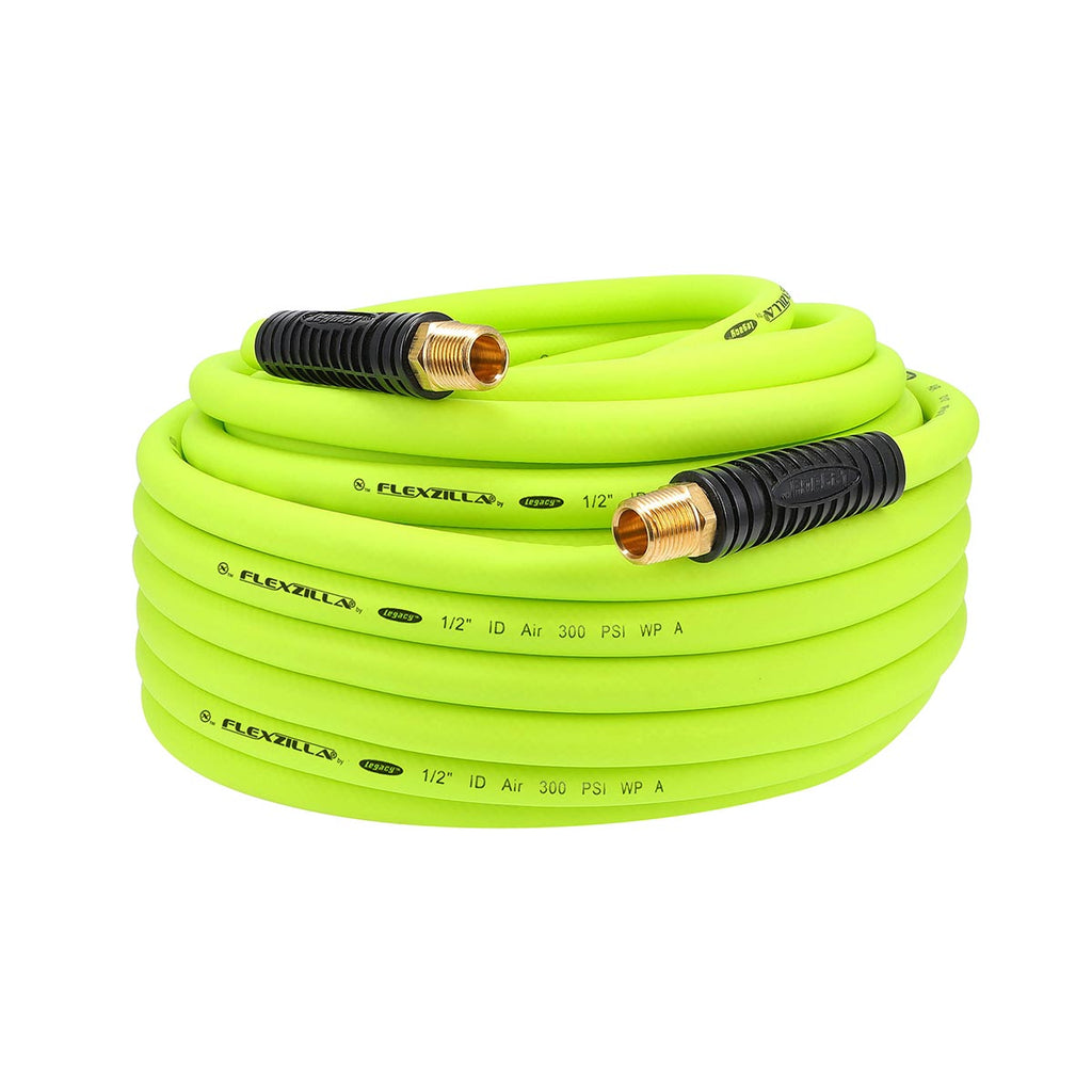 Flexzilla Air Hose, 1/2 in. x 100 ft., 1/2 in. MNPT Fittings, Heavy Duty, Lightweight, Hybrid, ZillaGreen - HFZ12100YW4