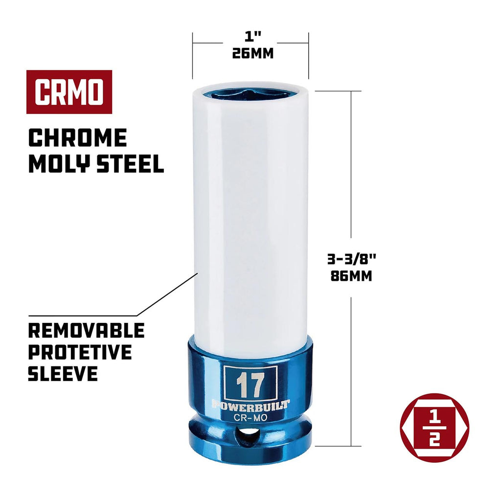 Powerbuilt 1/2 Inch Drive 17mm Impact Lug Nut Socket, Non-marring and Thin Wall Lug Nut Socket, Protects Lug Nuts from Damage - 941039