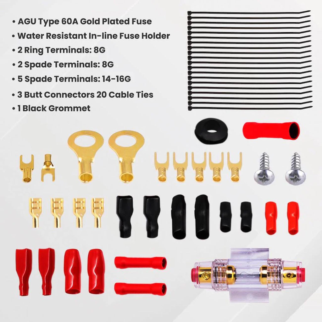 Pyle Marine and Car Audio Wiring Kit - 20ft 8 Gauge Power Wire - Up to 1000 Watts Amplifier Hookup for Battery, Head Unit & Stereo Speaker Installation - Marine Grade Cable & Gold Plated Fuse
