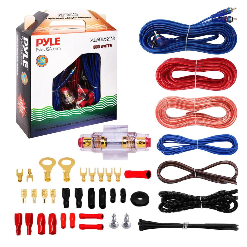 Pyle Marine and Car Audio Wiring Kit - 20ft 8 Gauge Power Wire - Up to 1000 Watts Amplifier Hookup for Battery, Head Unit & Stereo Speaker Installation - Marine Grade Cable & Gold Plated Fuse