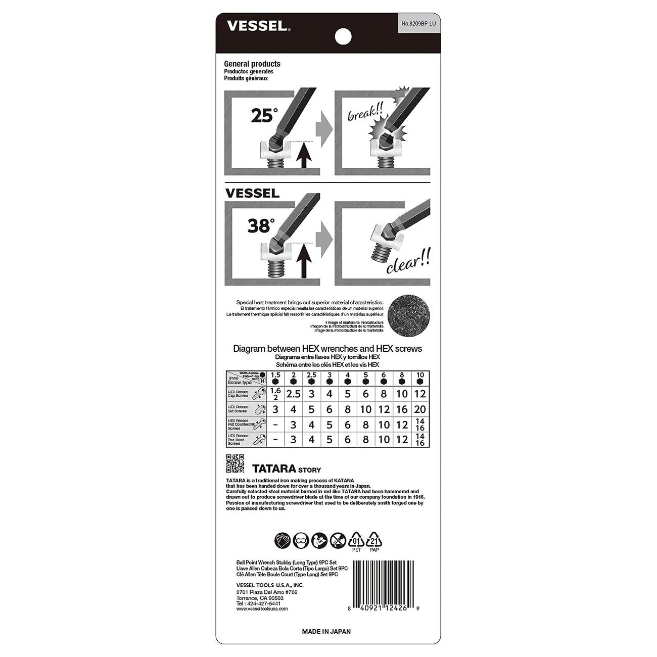 VESSEL Ball Point Hex L-Key Wrench Stubby (Long Type) 9PC. Set No.8209BP-LU 8209BPLU