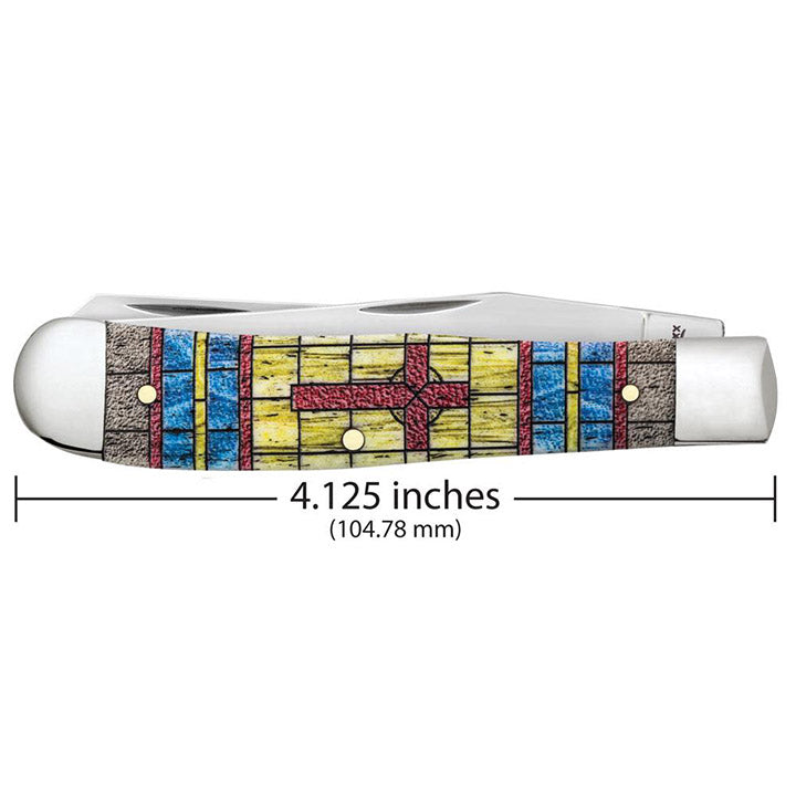 Case WR XX Pocket Knife Trapper Stained Glass Cross Natural Bone Color Wash Item #38713 - (6254 SS) - Length Closed: 4 1/8 Inches