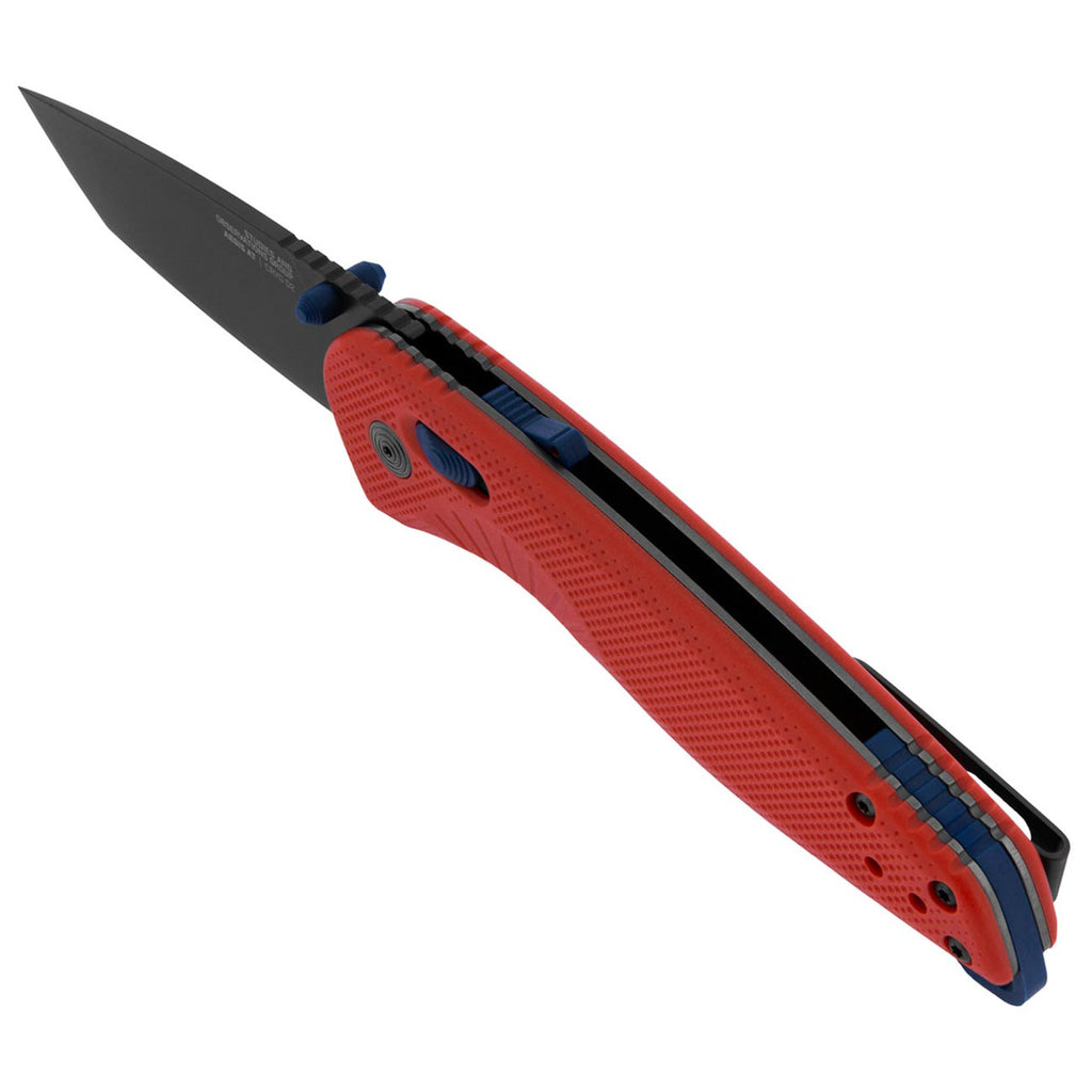 SOG Aegis AT Tanto Outdoor Pocket Folding Opening Knife, Ambidextrous AT-XR Lock With Ergonomic Handle,D2 Steel Blade,Built-In Blade Locking Safety and Spine-Mounted Safety System, Rescue RED & Indigo