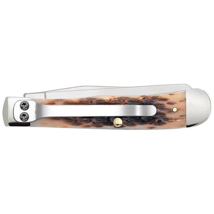 Case WR XX Pocket Knife Amber Bone Trapper Peachseed Jig W/Clip Item #6540 - (6254C SS) - Length Closed: 4 1/8 Inches