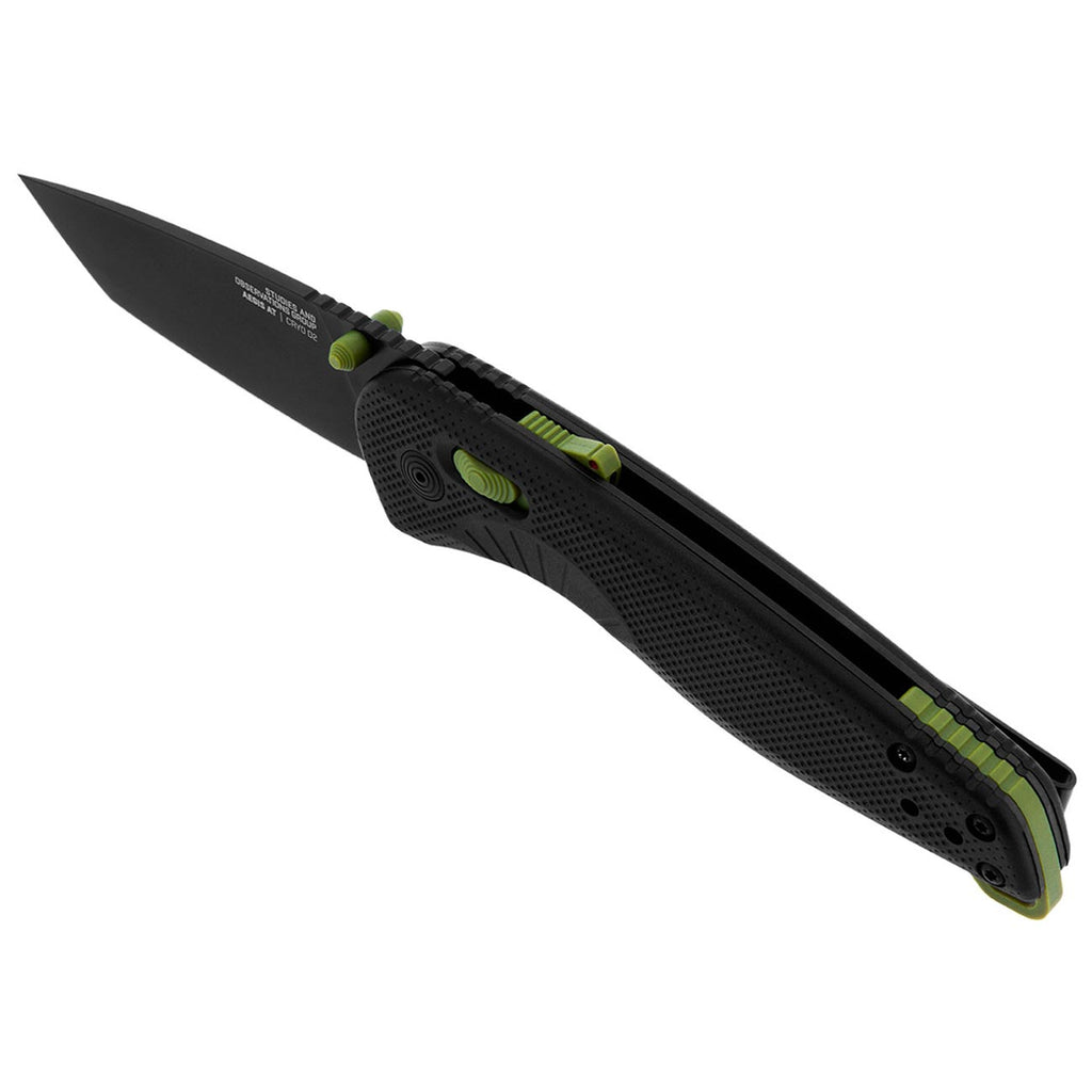 SOG Aegis at Tanto Outdoor Pocket Folding Opening Knife, Ambidextrous at-XR Lock with Ergonomic Handle, D2 Steel Blade, Built-in Blade Locking Safety and Spine-Mounted Safety System, Black & Moss