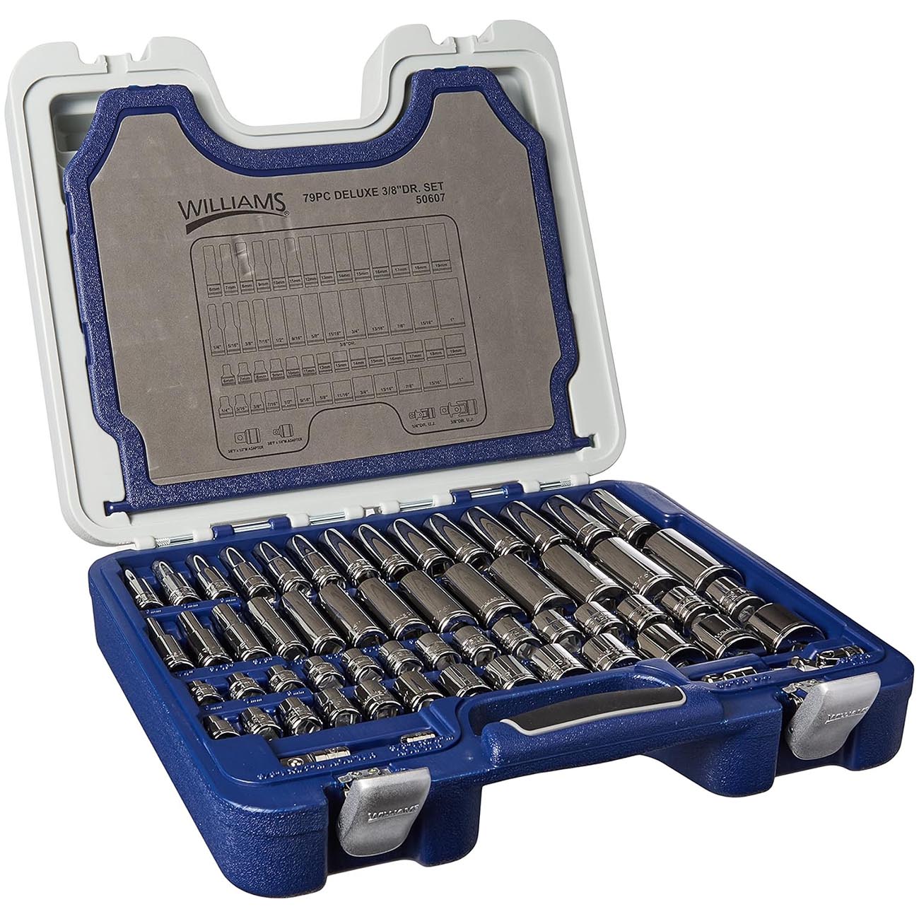 Williams 50607 79 Piece 3/8" Drive Deluxe Tool Set 6 and 12 Point Rugged-Case-System Tool Set, SAE and Metric, with 1/4" Hex Screwdriver Bits