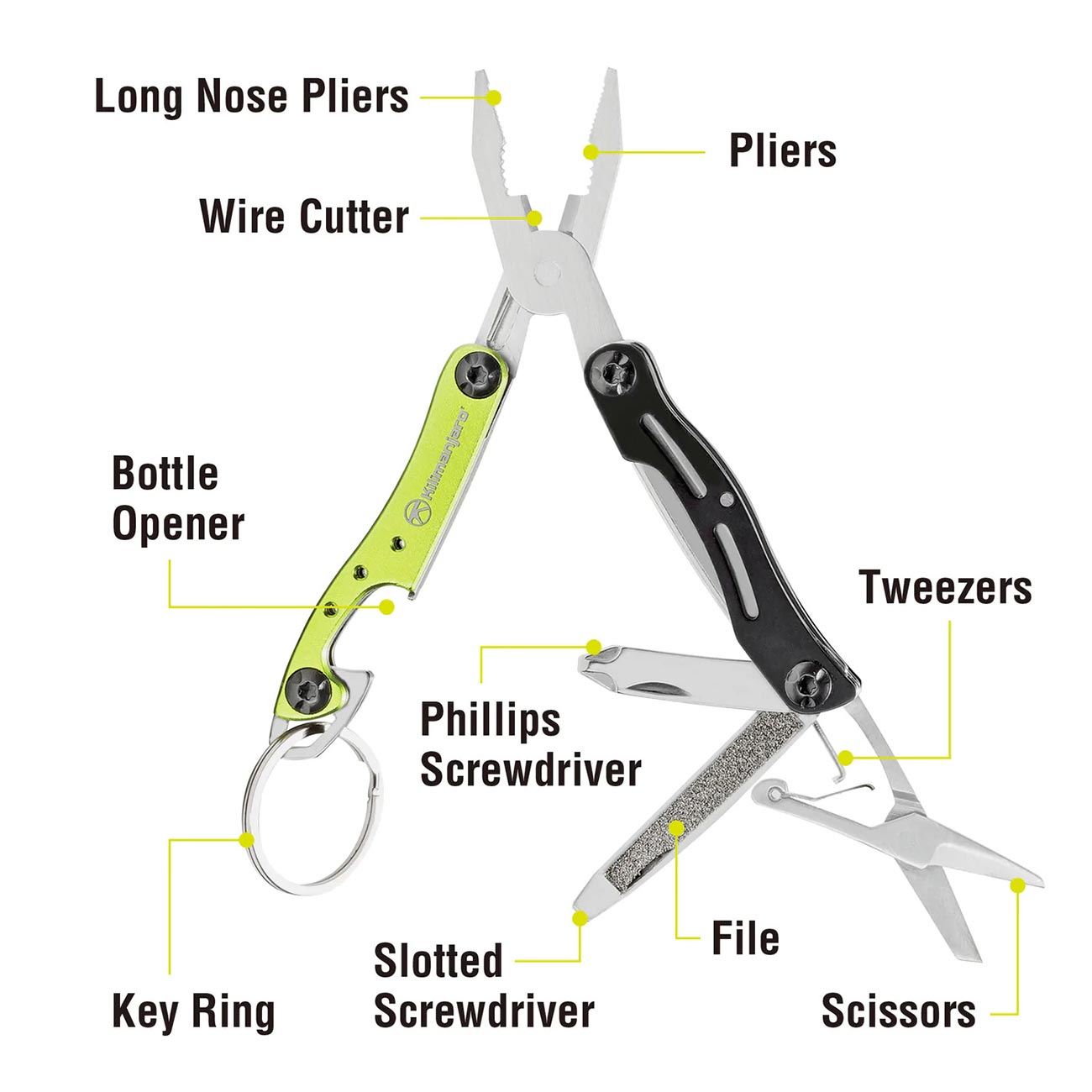 Kilimanjaro 910055 Ascend 9 in 1 Multi-Tool -with TSA Compliant, Long Nose Pliers, Wire Stripper, Bottle Opener, Scissors, Phillips and Slotted Screwdriver, Single Cut File, Tweezers, Key Chain