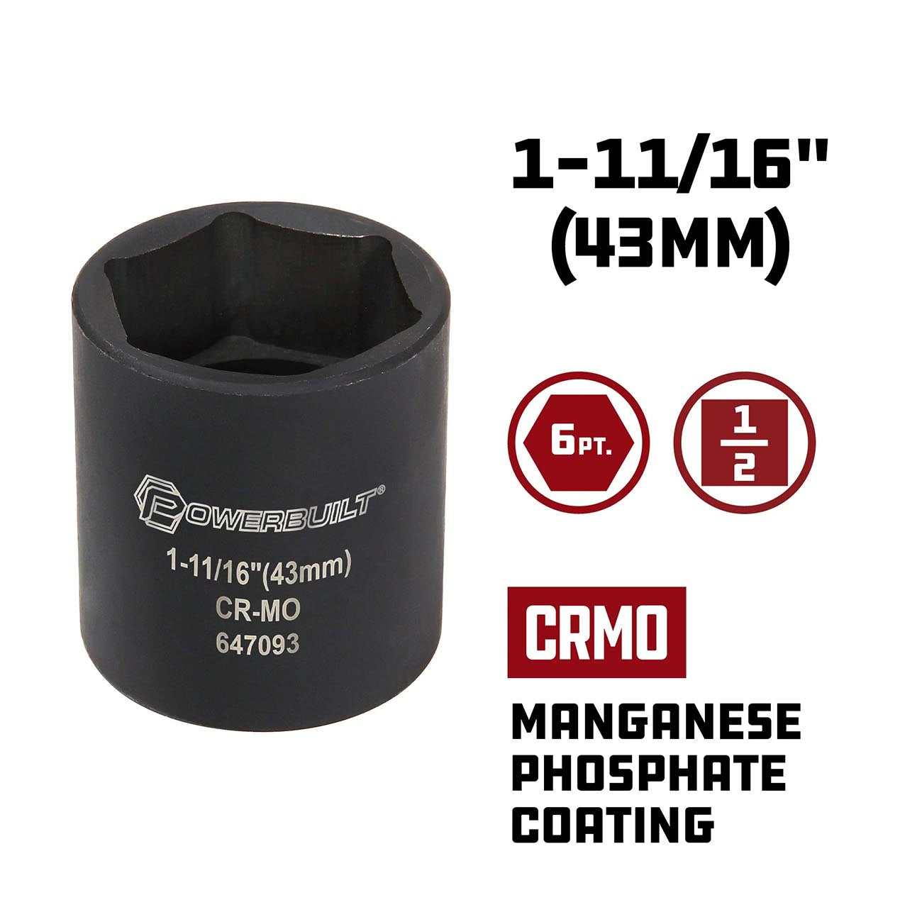 Powerbuilt 1/2 Inch Drive 1-11/16 Inch Dodge Spindle Nut Socket - 647093