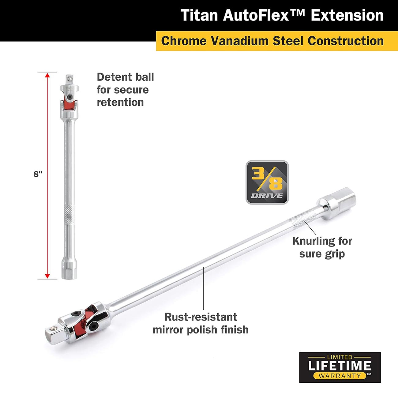 Titan 68108 3/8-Inch x 8-Inch Auto Flex Universal Joint Extension Adapter