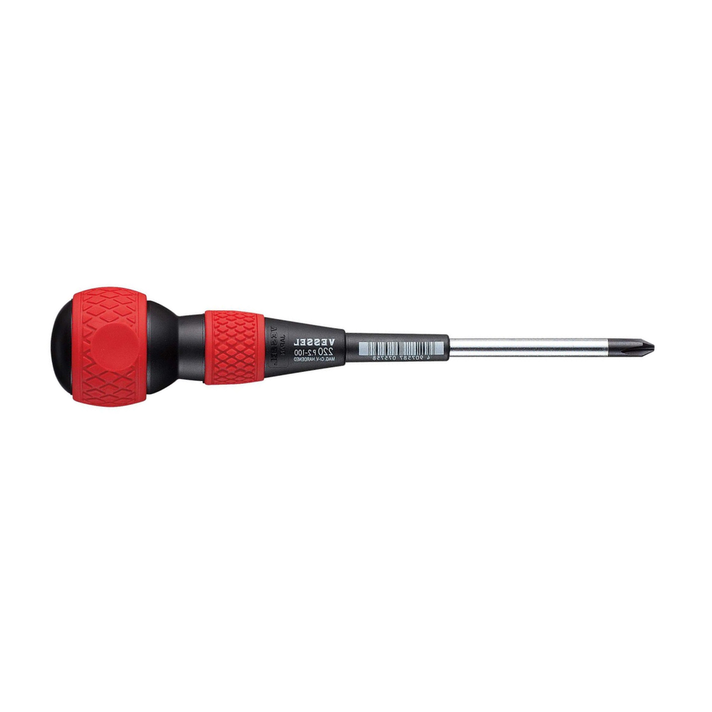 Vessel 220P2100 Ball Grip Screwdriver – Phillips #2 x 100mm JIS Precision Driver, Ergonomic Ball Handle, Magnetized Tip, Professional Hand Tool