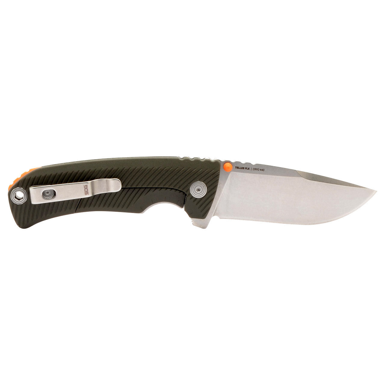 SOG Tellus FLK Daily Outdoor Full-Sized Frame Lock Folding Knife | GRN Handle | CRYO 440C Stainless Steel Blade | Reversible Pocket Clip, Olive Drab, Blister Pack