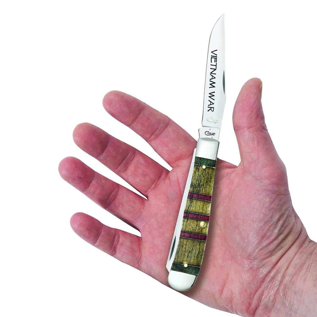Case WR XX Pocket Knife Vietnam War Trapper Gift Set - Natural Bone W/Grn/Yellow/Red Item #22040 - (6254 SS) - Length Closed: 4 1/8 Inches