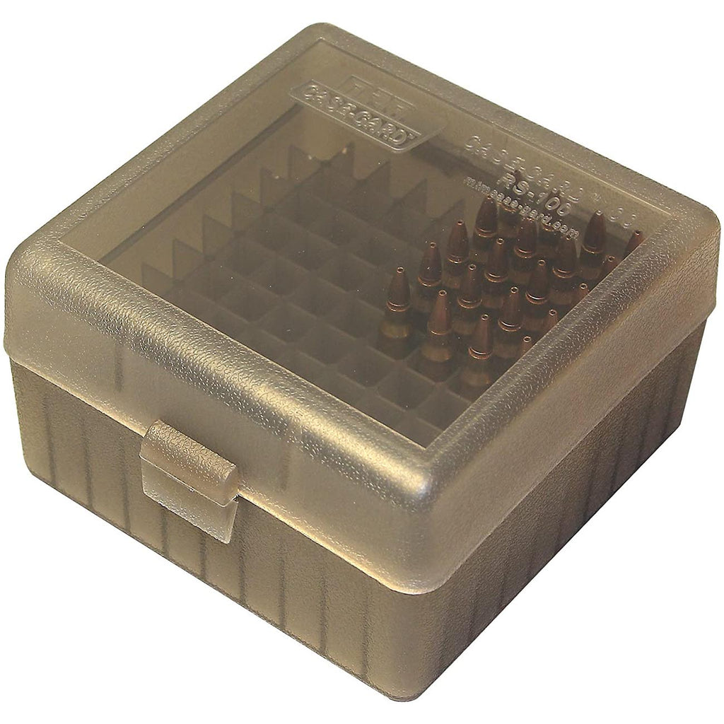 MTM RS-100-41 100 Round Rifle Ammo Box | Flip-Top | 223 204 Ruger 6x47 | Indestructible polypropylene, Snap-lock latch | USA Made | Clear Smoke