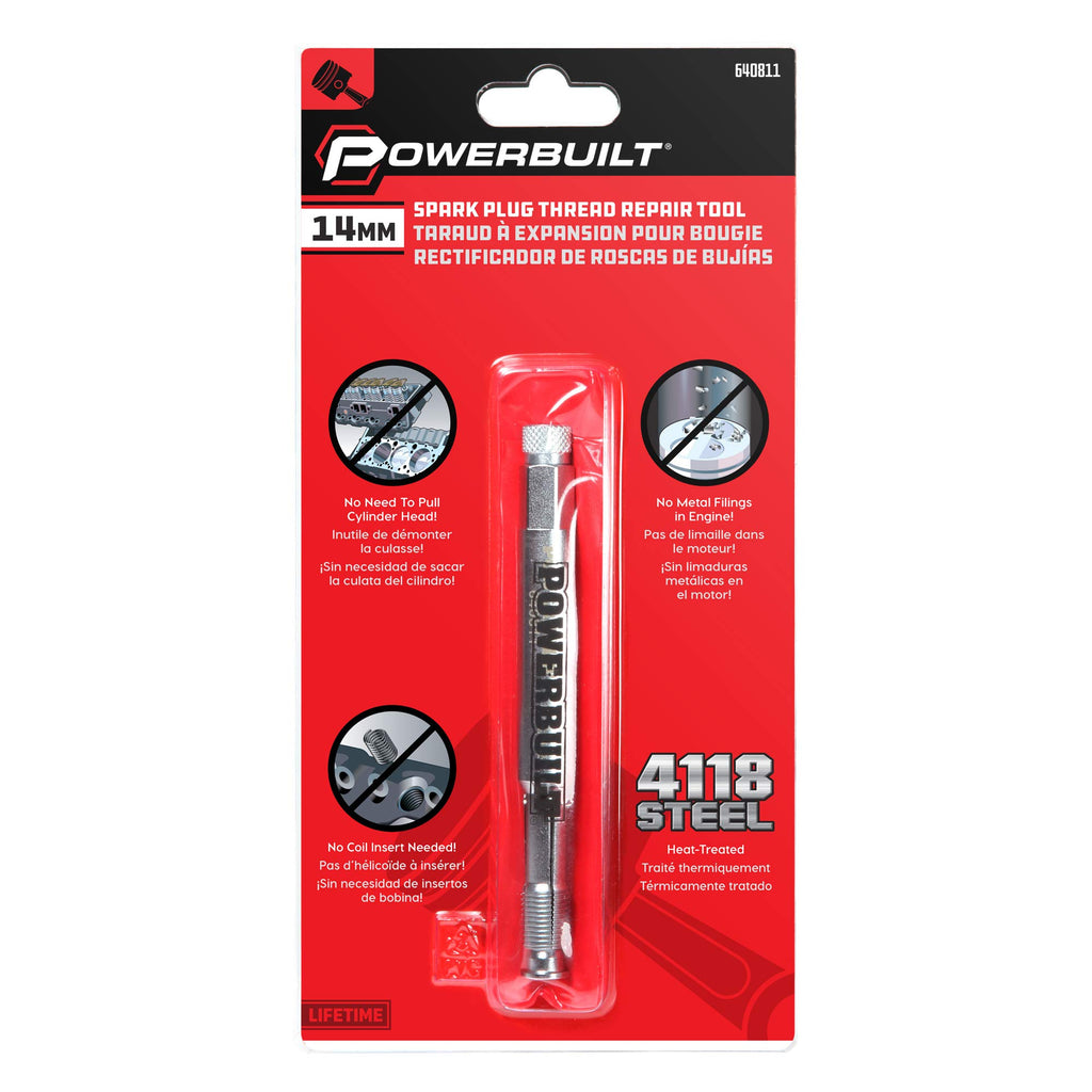 Powerbuilt 14mm Back Tap Spark Plug Thread Repair Tool, Straightening Tool, Motorcycle Spark Plugs, Repairs Damaged Threads, Collapsible Design - 640811