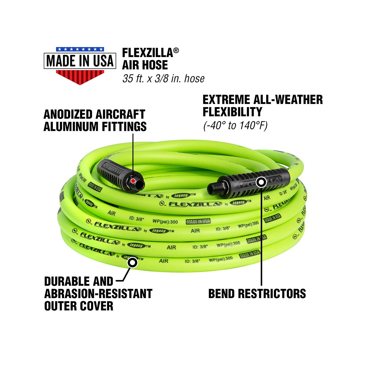 Flexzilla Air Hose, 3/8 in. x 35 ft., 1/4 in. MNPT Fittings, Heavy Duty, Lightweight, Hybrid, ZillaGreen - HFZ3835YW2