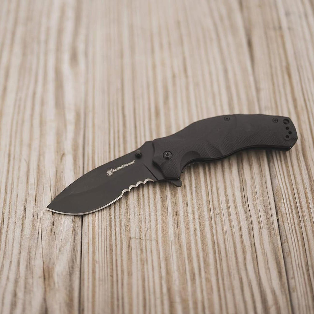 Smith & Wesson Black Ops 3.5" Recurve Folding Knife 1136220 – Black Stainless Steel, Liner Lock EDC