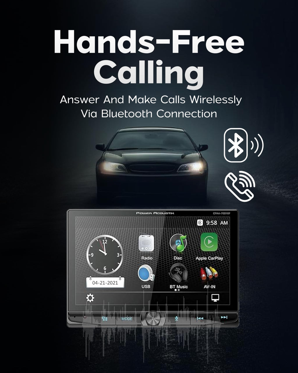 Power Acoustik CPAA-70D10F Car Stereo - Apple CarPlay & Android Auto Head Unit, 10.6" Floating Double DIN Touchscreen Car Stereo with Bluetooth, Aux Input, USB, SD, AM/FM Receiver, CD DVD Player