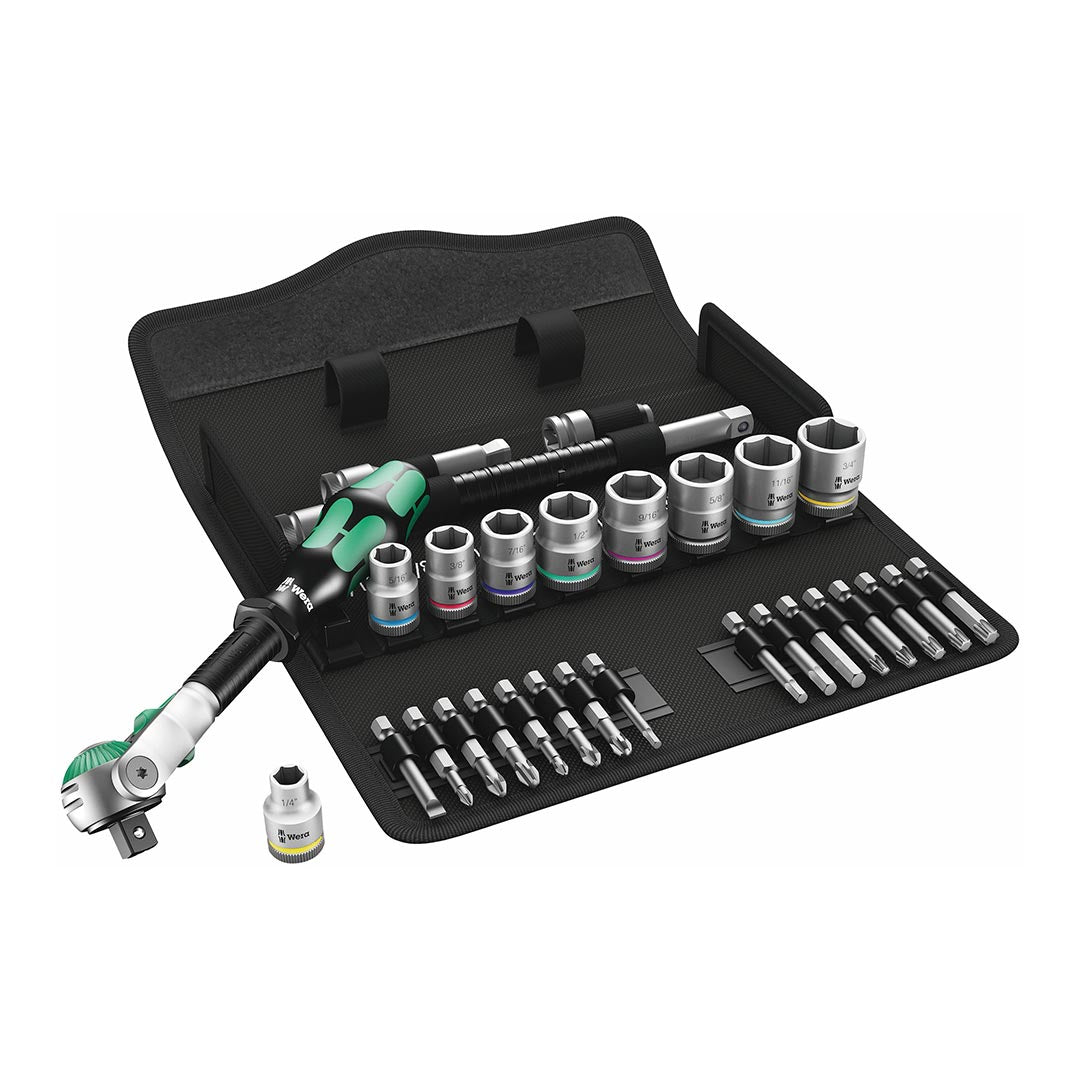 Wera 05004049001 29-Piece 3/8″ Drive Zyklop Speed Ratchet SAE Socket & Long Bit Set – 9 SAE Sockets, Bits, Extensions & Textile Case