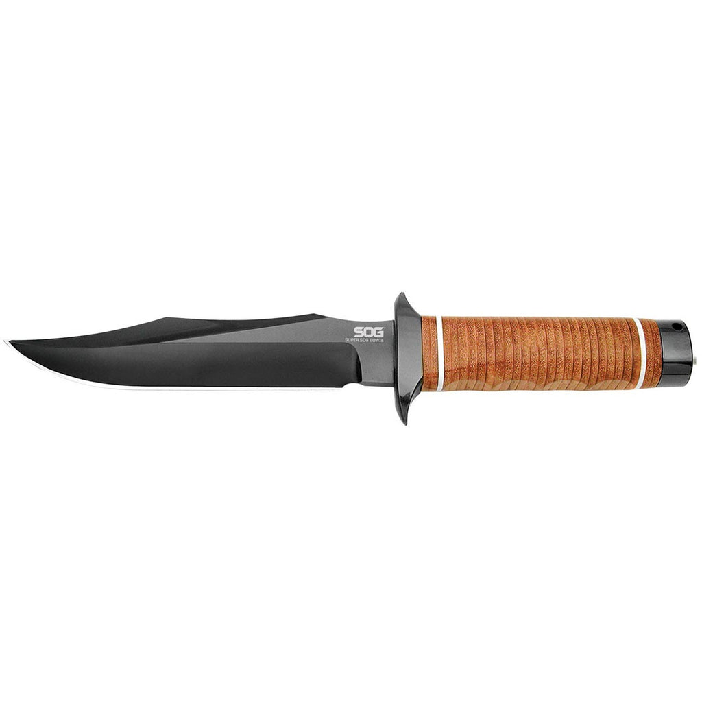 SOG Super Bowie 7.5" Black TiNi Fixed Blade Leather Handles Leather Sheath